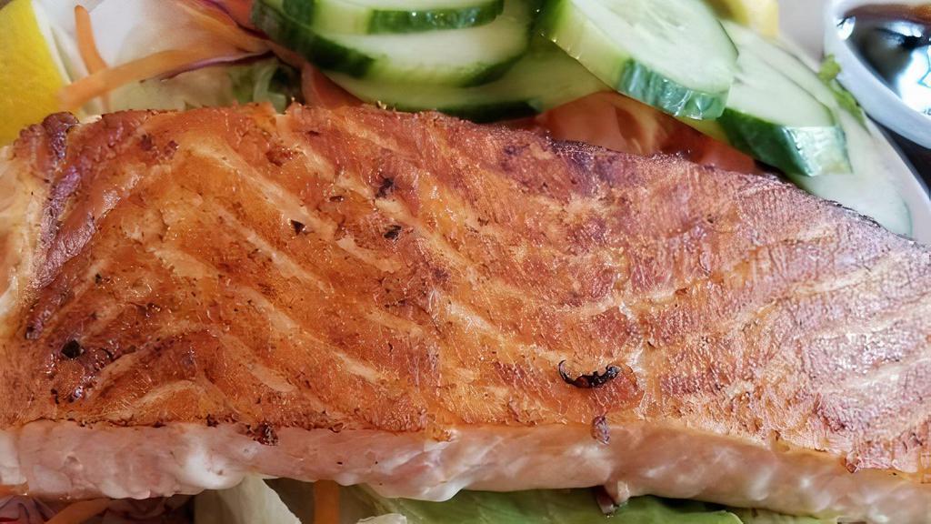 TERIYAKI SALMON & SALAD · fresh salmon fillet grilled to perfection, lacquered in our own house-made teriyaki sauce on a bed of salad