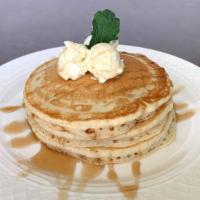 Stack of Pancakes · Buttermilk pancakes, bacon infused maple syrup, whipped butter