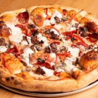 Hella Halal Special Pizza · Halal beef peperoni, house-made halal beef sausage, mushrooms, Parmesan and ranch drizzle wi...