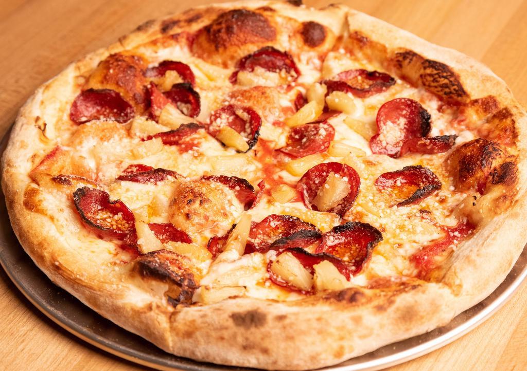 Island Boys Pizza · Halal beef pepperoni, pineapple and Parmesan with tomato sauce.