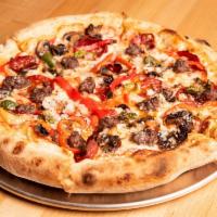 Supreme Team Pizza · Halal beef pepperoni, house-made halal beef sausage, mushrooms, bell peppers, onion, olives ...