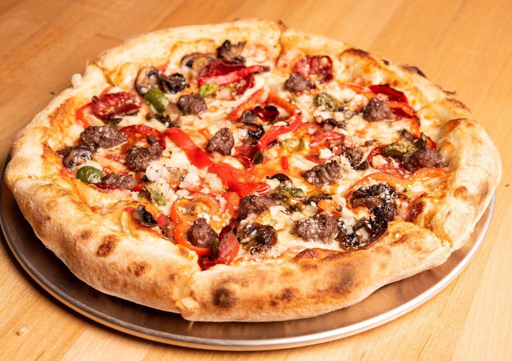 Supreme Team Pizza · Halal beef pepperoni, house-made halal beef sausage, mushrooms, bell peppers, onion, olives and Parmesan with tomato sauce.