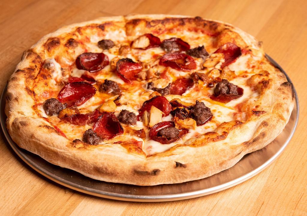 XXX Meat Pizza · Halal beef pepperoni, house-made halal beef sausage and halal chicken with tomato sauce.
