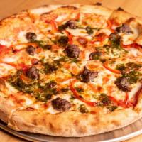Sausage Pesto Pizza · House-made halal beef sausage, pesto and bell peppers with tomato sauce.