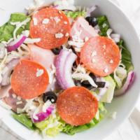 Chef Salad · Lettuce, Red Onions, Black Olives, Mozzarella Cheese, Salami, Ham & Pepperoni