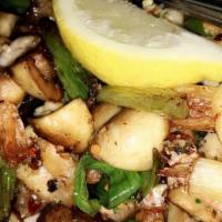 Sautéed Shrimp, Green Onions and Mushrooms · Salteado de gambas, cebollitas y champiñones. Sautéed shrimp, green onions and mushrooms wit...