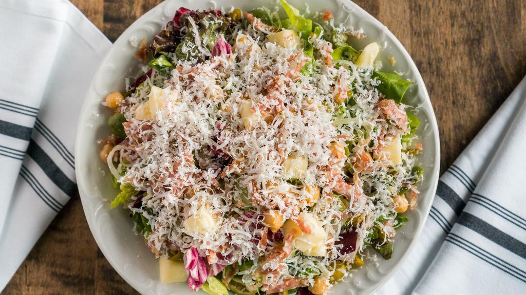 Chopped Salad · mixed lettuces, smoked provolone, salami, dill, spring onion, chickpeas castelvetrano olives, herbed ricotta salata, red wine vinaigrette