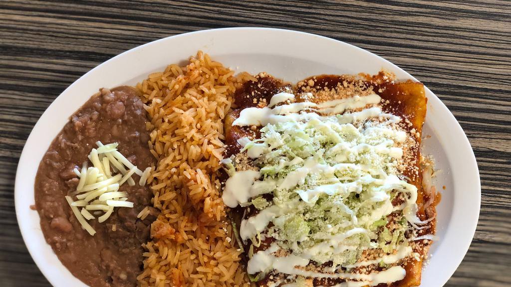3 Enchiladas Platillo · 3 Hand rolled enchiladas with chicken, topped with lettuce, sour cream, onions, cheese, tomato salsa served with rice and beans.