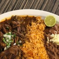 Birria Platillo · Beef Birria ( Shredded Beef ) with a side of rice, beans, tortillas and topped with cilantro...