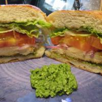Pesto Chicken Sandwich · Chicken, pesto sauce, provolone cheese, garnished with lettuce, tomatoes, red onions, pickle...