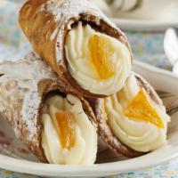 CANNOLI · chocolate coated pastry shell filled with a mix of ricotta, candied fruit and chocolate