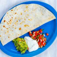 Super Quesadilla · A large flour totilla grilled and filled with meat and melted cheese, We serve this with a s...