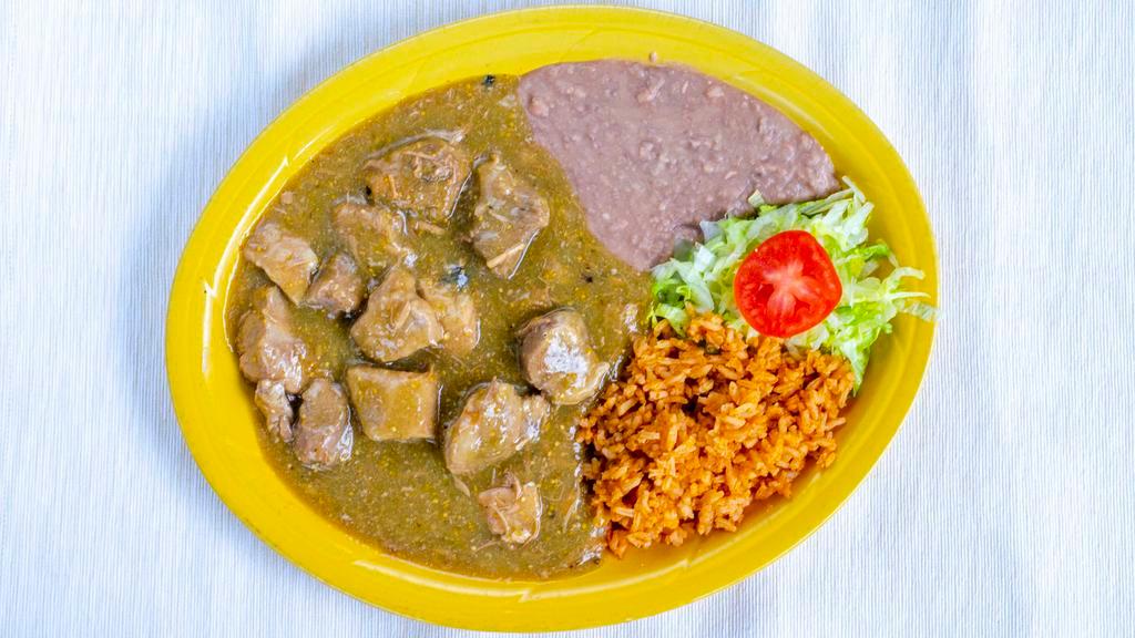 Chile Verde Plate · Pork simmered in a house-made spicy green tomatillo sauce.