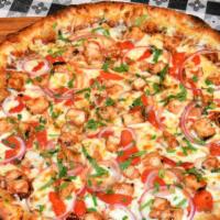 Savory BBQ Chicken · BBQ sauce, mozzarella cheese blend, red onion, roasted red peppers, BBQ chicken, cilantro.