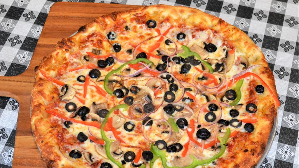 Veggie Delight · Tomato sauce, mozzarella cheese blend, button mushrooms, red onions, bell peppers, artichoke hearts, black olives.