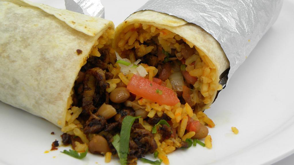Regular Burrito · Choice of meat served with rice, pinto beans and pico de gallo.