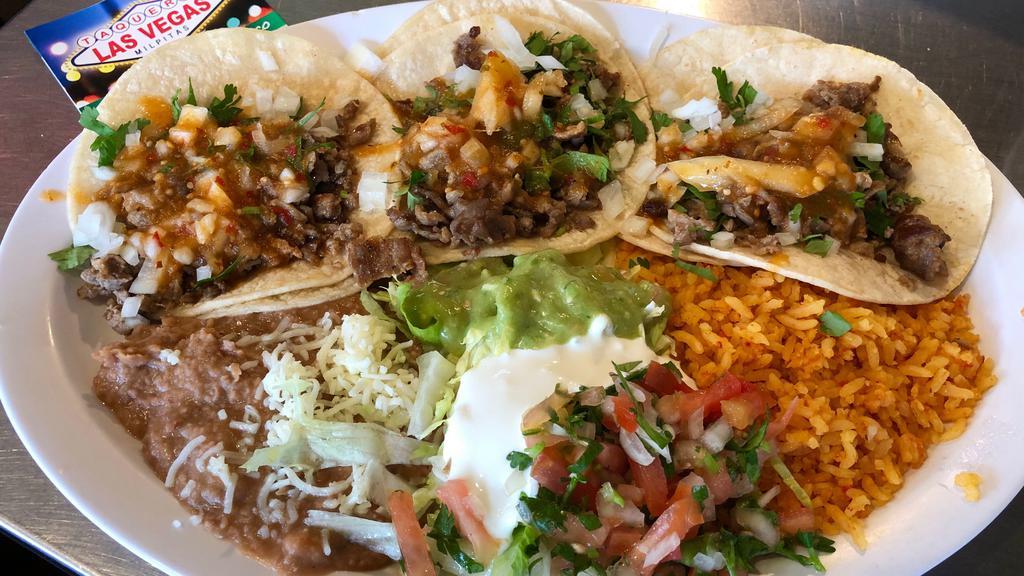 3 Tacos Plate · 3 Tacos with the meat of your choice served with rice and beans. Sour cream, Guacamole, and pico de Gallo also included on the side.
