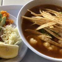 Chicken Tortilla Soup · Boneless chicken, vegetables, and tortilla strips, side of rice, cilantro, onion, jack chees...