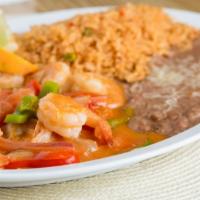 Camarones Rancheros · Sauteed shrimp with vegetables.