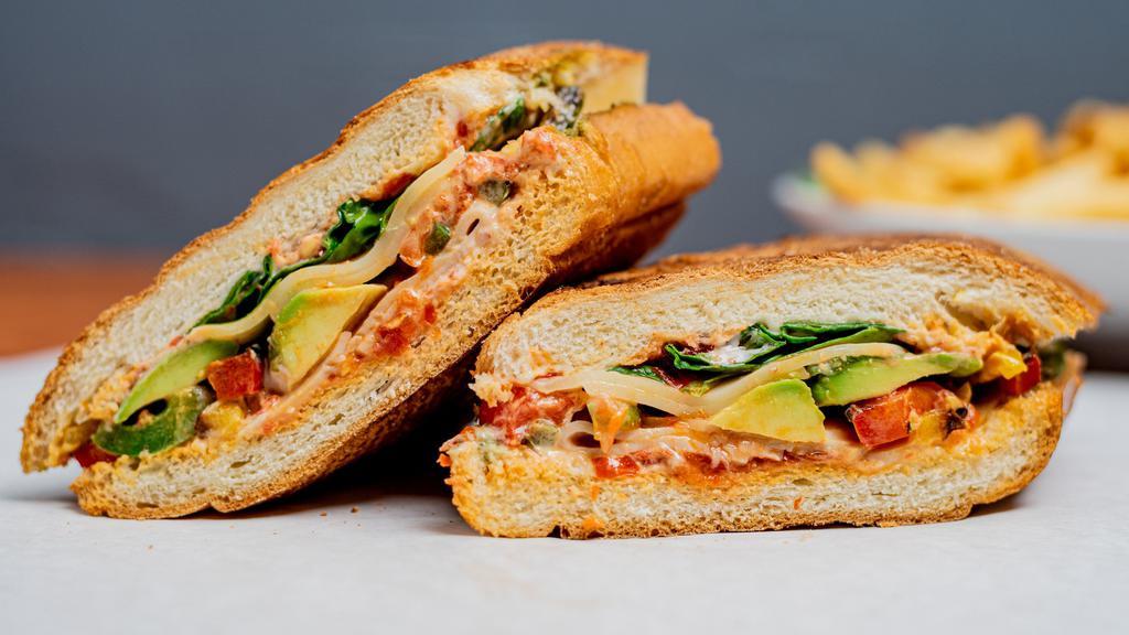 Turkey Avocado Panini · Turkey, mayo, provolone cheese, roasted red peppers, spinach avocado and olive oil on your choice of focaccia bread.