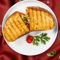 Grilled Chicken Panini · Chicken breast, mozzarella cheese, lettuce, onion, tomato, mayo, and mustard on your choice ...