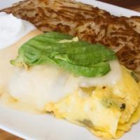 California Omelette · Ortega chilies, tomatoes, green onions, American & Jack cheese topped with Sour Cream & Avoc...