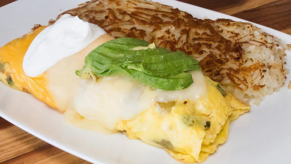 California Omelette · Ortega chilies, tomatoes, green onions, American & Jack cheese topped with Sour Cream & Avocado