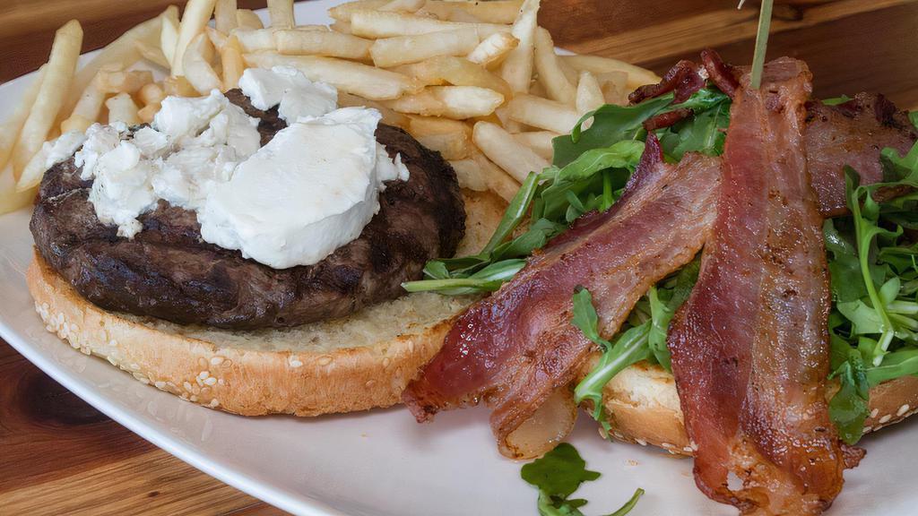 Goat Cheese Burger · Goat Cheese , bacon, arugula, served on a grilled burger bun