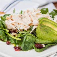Turkey & Cranberry Salad · Fresh roast turkey, cranberry, sliced almonds, spinachm avocado, tossed in a poppy seed dres...