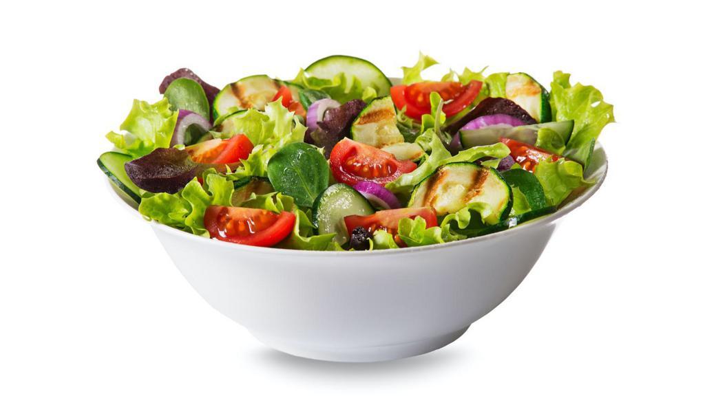 Tossed Green Salad · Lettuce, tomato, onion, bell pepper, cucumber, and banana peppers, tossed with mixed greens.