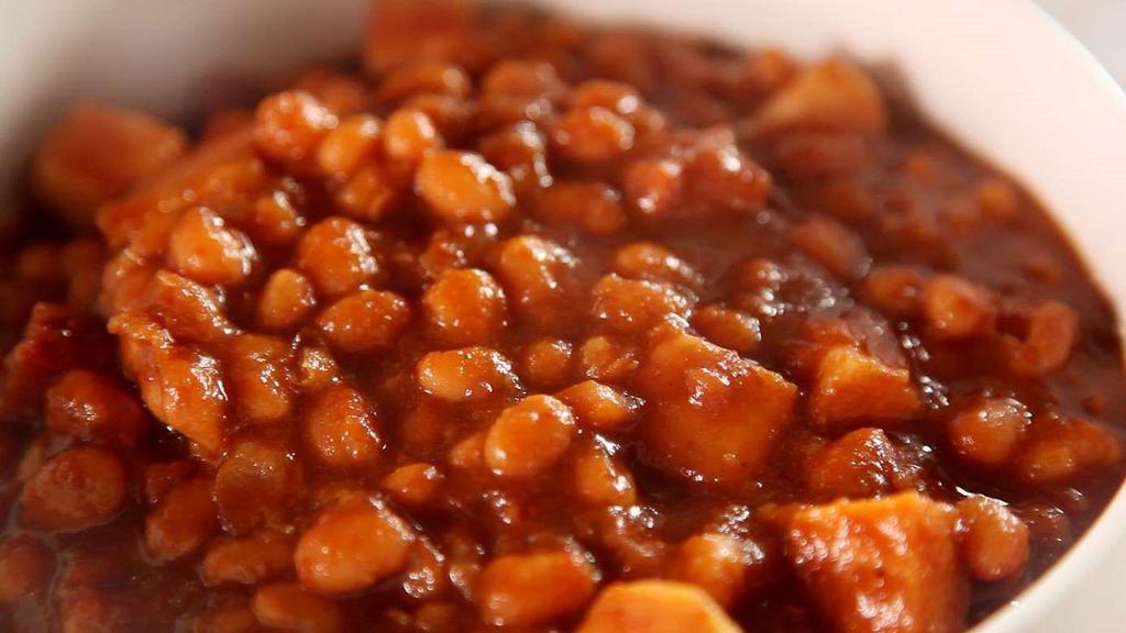 Baked Beans · Baked beans cooked in a sweet BBQ sauce.