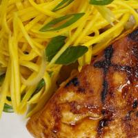 Grilled Salmon with Mango Slaw · Grilled salmon with sweet and savory mango slaw prepared with house sauce, shallots and Thai...