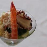 Combination Sunomono · Octopus, shrimp, crab and cucumber with sweet vinegar sauce.