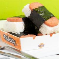Spam Musubi · Our popular Spam and Teriyaki snack served on a rice block wrapped in Sea Weed