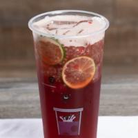 Raspberry Bomb (American Favorite) · Raspberry spring tea with raspberry fruit bits, chia seeds, and lychee jelly
