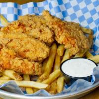 Chicken Strips · Crispy breaded chicken with choice of fries, chips or tots.