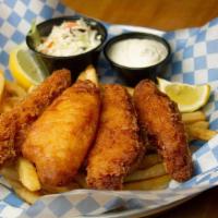 Fish & Chips · Battered cod, coleslaw, tartar & lemon, and choice of side