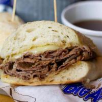 French Dip · Culinary inspired prime sirloin, swiss cheese, hoagie bread, & au jus. horseradish sauce on ...
