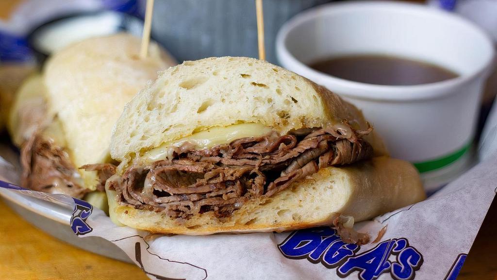 French Dip · Culinary inspired prime sirloin, swiss cheese, hoagie bread, & au jus. horseradish sauce on the side.