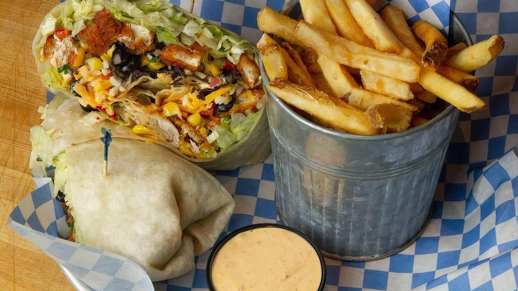 Sw Chicken Wrap · Crispy fried chicken, iceberg lettuce, chopped bacon, tomato & ranch all wrapped up in a flour tortilla.