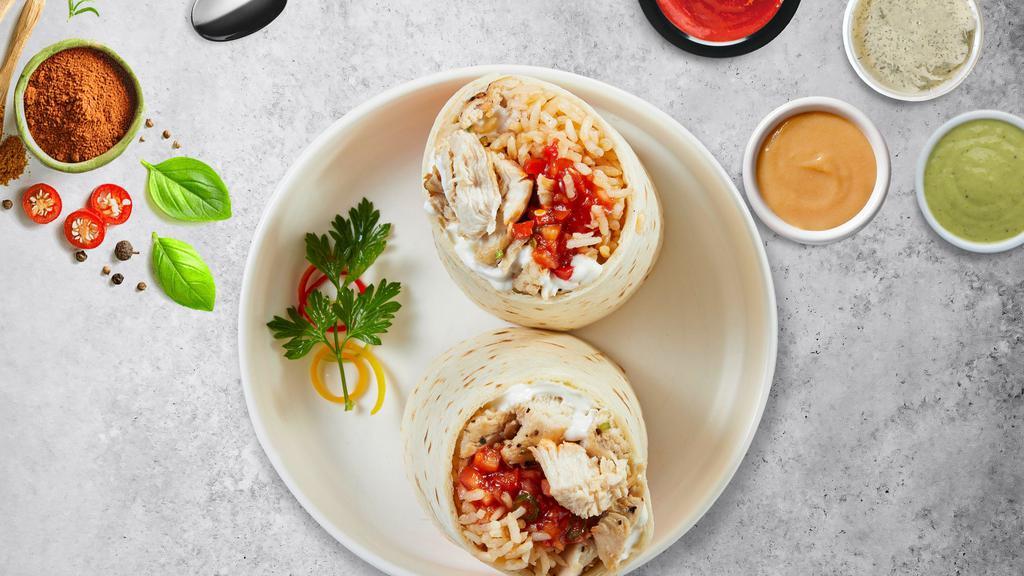 El Pollo Burrito · Grilled chicken topped with sour cream, salsa, cheese, and refried beans wrapped in a warm tortilla