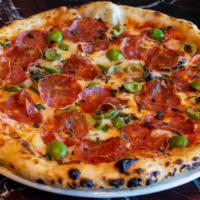 Soppressata Pizza · spicy salami, mozzarella, tomato, castelvetrano olives, oregano