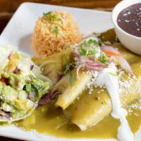 Enchiladas Suizas Plate · Three green chicken enchiladas with jack cheese and sour cream. Served with side of beans an...