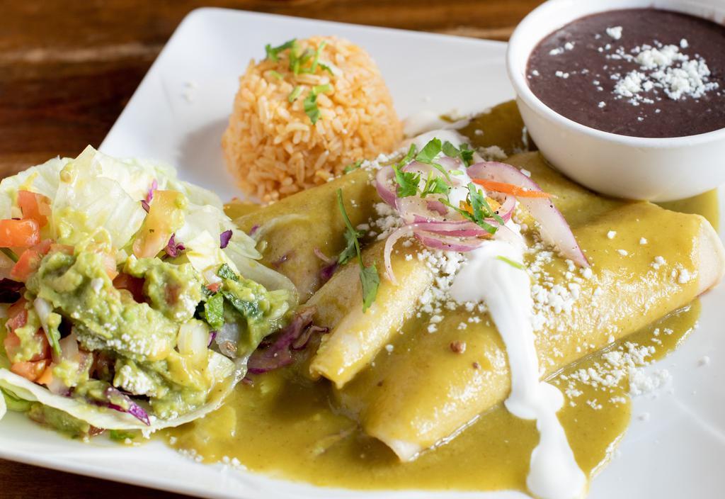 Enchiladas Suizas Plate · Three green chicken enchiladas with jack cheese and sour cream. Served with side of beans and rice.