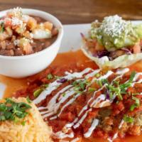 Chile Relleno Plate · Batter poblano pepper stuffed with jack cheese, salsa and topped with sour cream. Served wit...