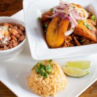 Cochinita Pibil · Marinated pork, fried plantains and red onion. Served with side of beans rice and tortillas.