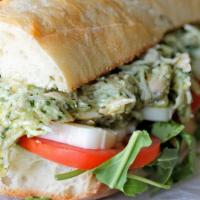 Pesto Chicken · Marinated chicken breast with pesto sauce, tomatoes, onions, fresh chopped garlic, melted mo...