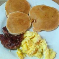 MINI PANCAKES · Mini pancakes, served with eggs bacon or sausage.