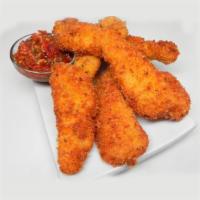 CHICKEN STRIPS · Tender chicken strips served with French fries.
