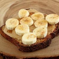 nutty banana square · toasted whole-grain wheat bread, organic almond or peanut butter topped with bananas, cinnam...